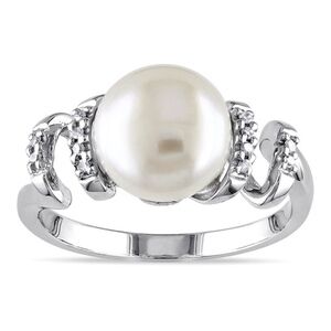 Miadora Sterling Silver FW Pearl and Diamond Ring
